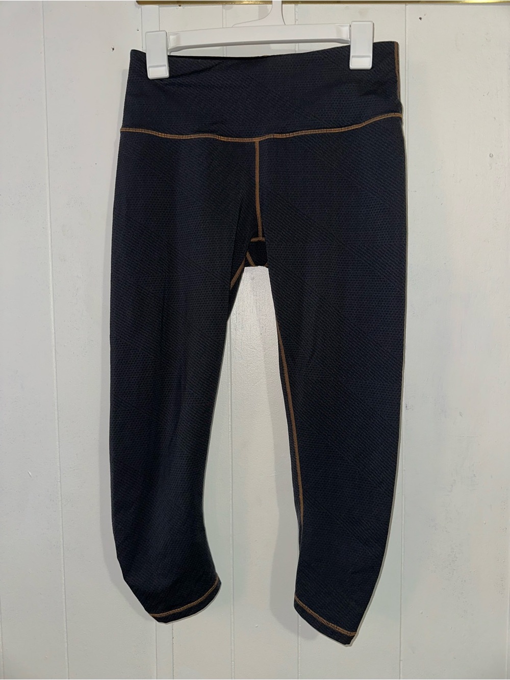 Prana Black Textured Capri Leggings with Brown Stitching medium